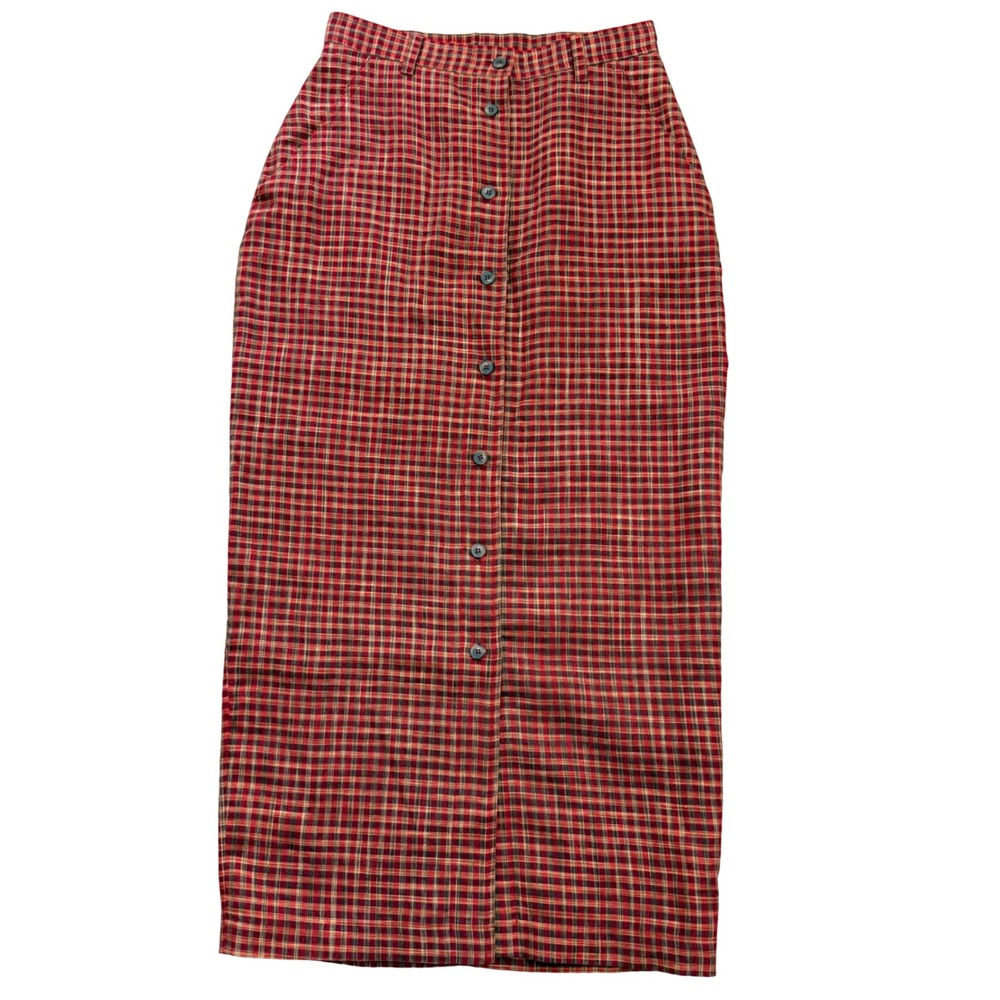 Vintage Maxi Skirt Women 8 Red Plaid Linen Button Front Straight Lined Pockets